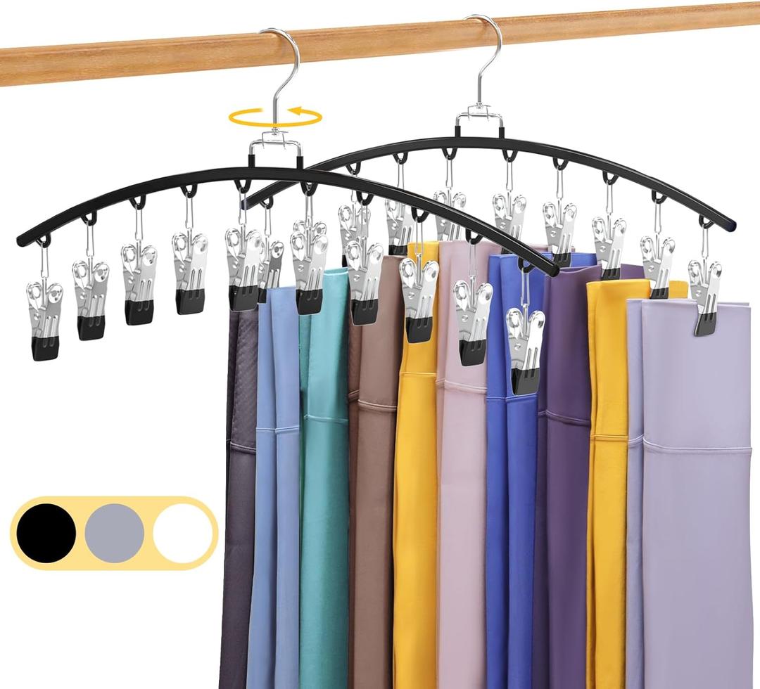 2 Pack Legging Organizer for Closet 360 Swivel, Metal Gym Clothes Organizer w/20 Clips Holds 20 Leggings, Hangers Space Saving, Closet Organizers and Storage, Dorm Room Organization Essentials, Black