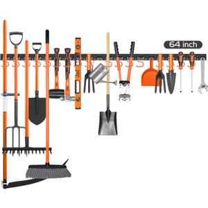 HORUSDY 64 Inch Adjustable Storage System, Wall Mount Tool Organizer, Tool Hangers for Mop and Broom Holder Shovel, Rake, Broom, Mop Holder, Etc (4Pack, Black)