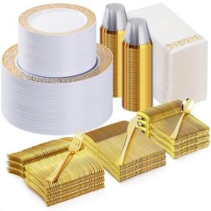 Bestluck 700PCS Gold Plastic Dinnerware Set for 100 Guests, Disposable Plates for Party, Include 100 Gold Dinner Plates, 100 Dessert Plates, 100 Set Silverware, 100 Cups, 100 Napkins