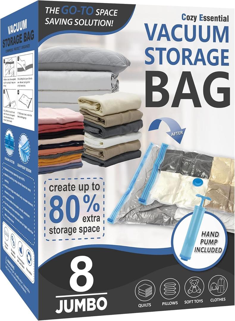 Cozy Essential 8 Jumbo Vacuum Storage Bags, Space Saver Bags Compression Storage Bags for Comforters and Blankets, Pillow, Bedding, Vacuum Sealer Bags for Clothes Storage