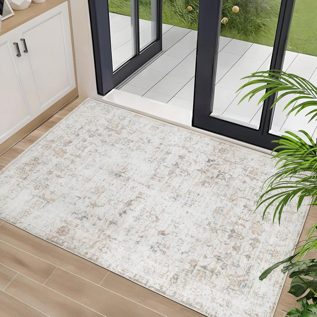 Washable 23 Area Rug for Entryway Indoor, Vintage Floral Small Area Rug Soft Non Slip Stain Resistant Boho Carpet for Front Door Dining Room Kitchen Bedroom, Beige