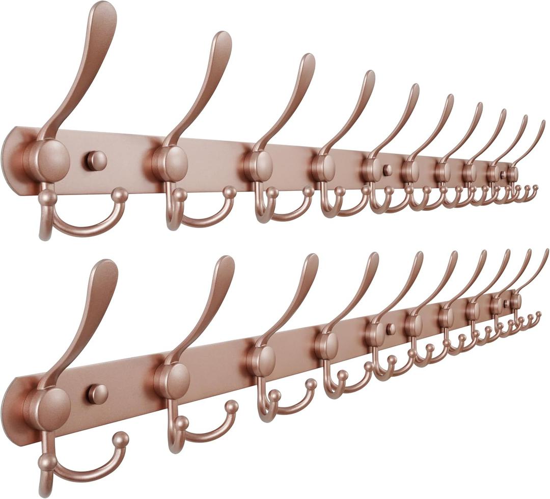 Dseap Coat Rack Wall Mount - 38 Long 10-Tri-Hooks Heavy Duty Coat Hanger Rail Wall Hooks for Hanging Coats Hats Clothing Clothes Purse Mudroom Entryway, Rose Gold, Pack of 2