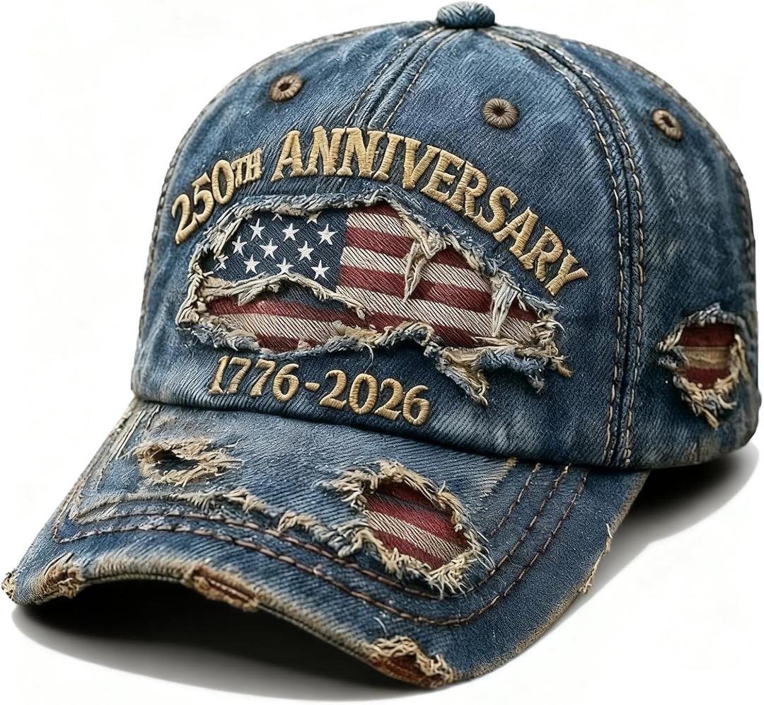 250 Anniversary USA Hat Adjustable Embroidered 250th Anniversary Patriotic Retro Denim Hat Baseball Caps (Blue)