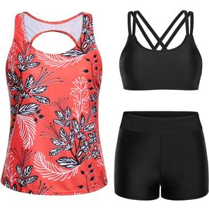Yonique 3 Piece Tankini Swimsuits for Women Bathing Suits with Boy Shorts and Swim Tank Top Bra Modest Swimwear (X-Small, Red Floral)