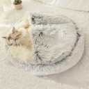Cat Bed Round Fluffy Hooded Cat Bed Cave, AntiAnxiety Cave Bed with Hooded Blanket, Cozy Cuddler Luxury Puppy Pet Bed, AntiSlip Bottom and Machine Washable (Grey, Medium)