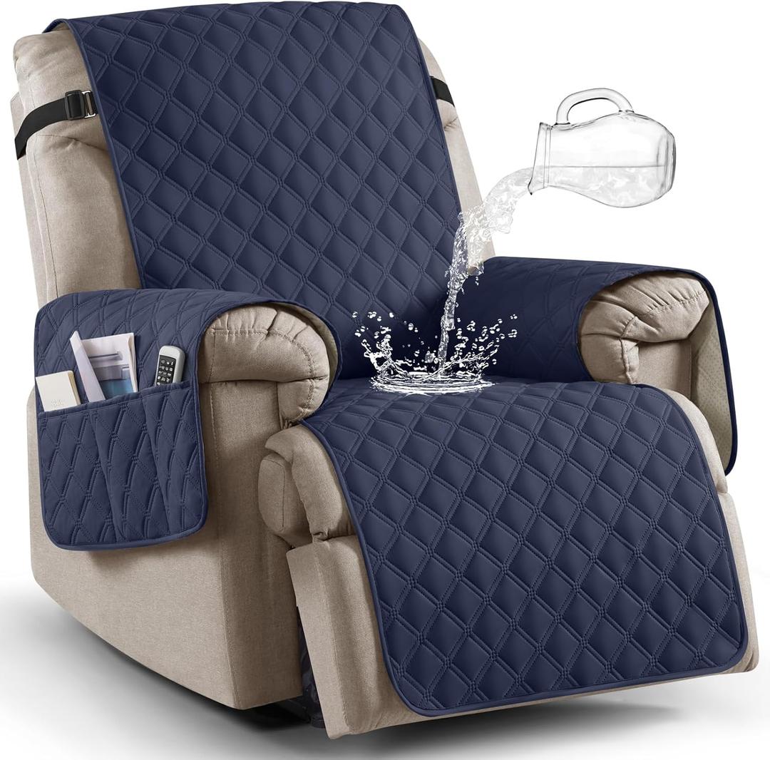 Ruaozz 100% Waterproof Recliner Chair Covers, Non-Slip Reclining Covers for Recliner Chair Washable Chair Cover, Recliner Covers with Pockets for Kids, Dogs, Pets (Dark Blue, 23'')