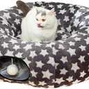 LUCKITTY Large Cat Tunnel Bed Under Christmas Tree with Fluffy Toy Balls, Small Cushion and Flexible Design- 10 inch Diameter, 3 ft Length- Great for Cats, and Small Dogs, Gray Star Pattern