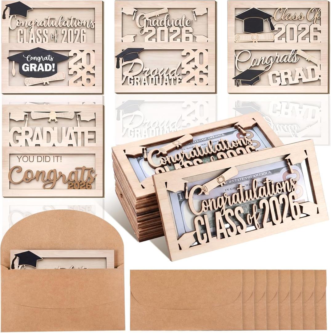 Wenqik 8sets/16pcs Graduation Money Holder Graduation Cash Gift Bulk Wooden Envelope Box DIY Money Envelope Wallet Congrat Grad Wood Card Cash Holder Decor for 2026 College High School Grads Favor