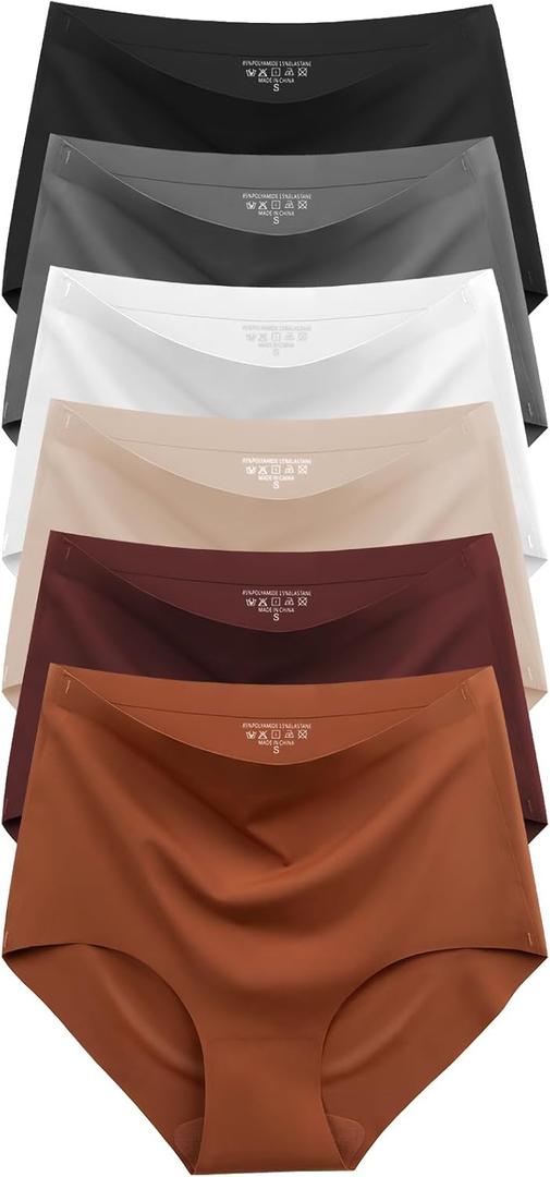 Cuweni Womens Underwear Seamless High Waisted Briefs Silky Stretch No Show Breathable Full Coverage Ladies Panties 6 Pack (L)