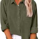 Womens Summer Linen Shirts Casual Button Down 2026 Long Sleeve Cotton Top Blouse Shirt with Pocket (XXL)