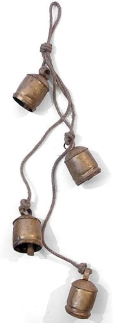 Chunky Rustic Vintage Indian Cow Bells on Rope Wall Hanging Dcor, Metal, Gold, 6 x 6 x 83 cm
