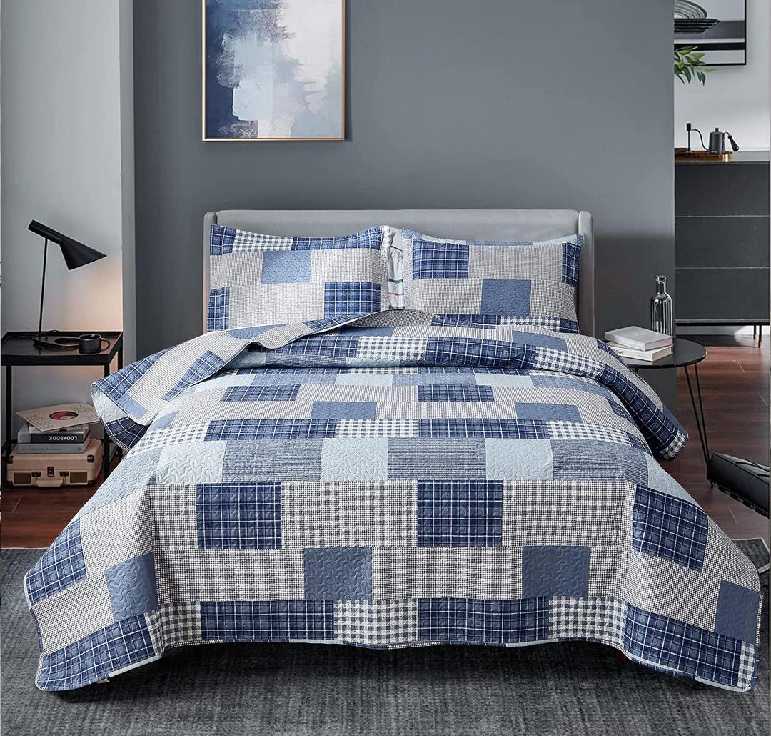 Bedspread Set King Size Plaid Quilt Bedding King Grey Blue Patchwork Modern Lightweight Quilt Bedspread Home Reversible Coverlet-Soft Polyester 3 Piece Quilt Set Collection