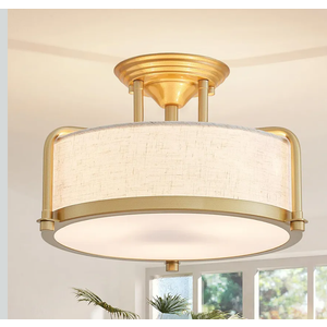 Modern Drum Ceiling Light, Semi-Flushmount Close to Ceiling Light Fixture for Living Room, Bedroom, Dining Room,Kitchen, D13 x 8 in, Linen Fabric Shade & Gold Finish Metal Frame