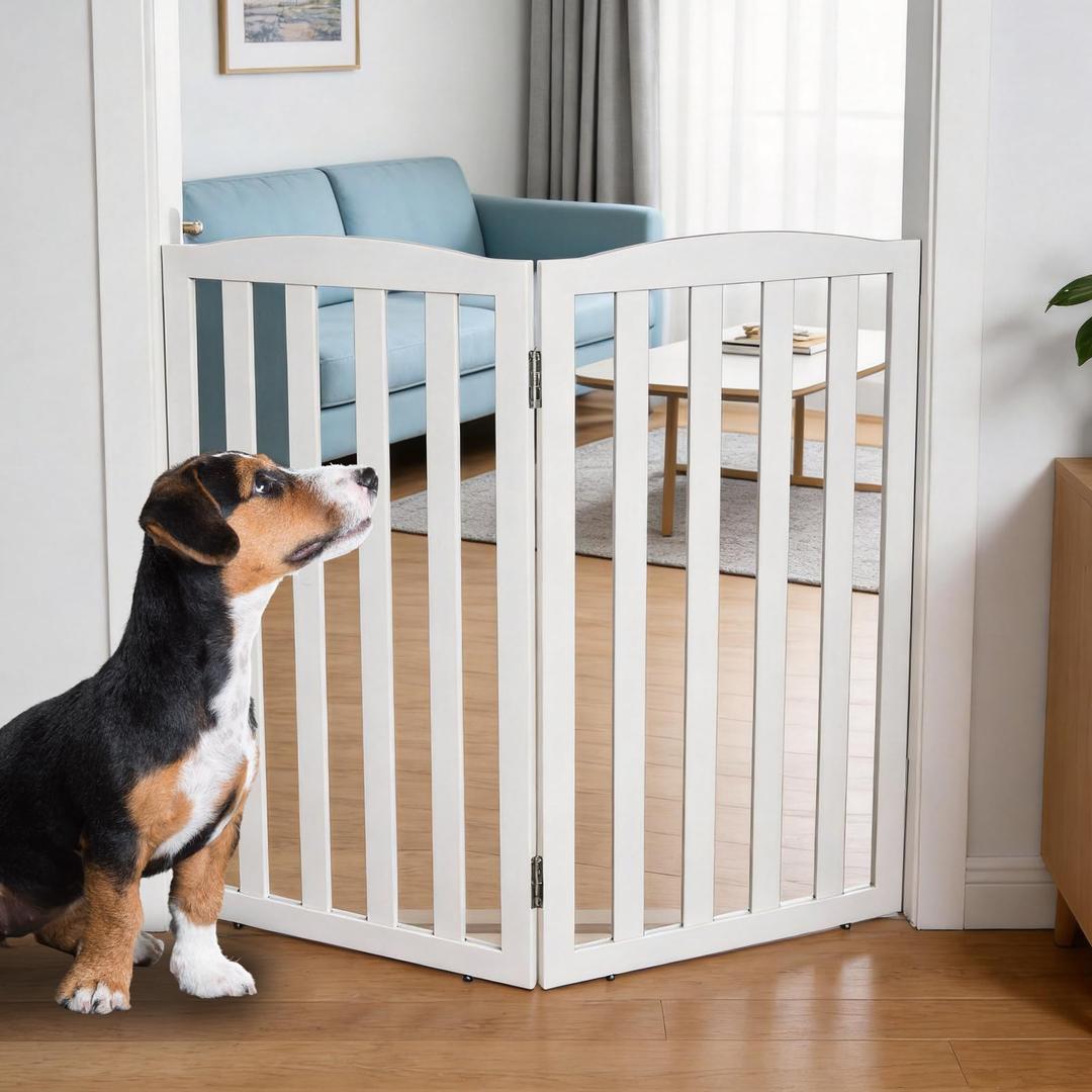 ZJSF Foldable Freestanding Indoor Dog Gate for House Wood White Long Pet Gates Dog Fence for Stairs Puppy Gates for Hallways, Puppy Gate,Support Feet Included, White, 24 "Height-3 Panels