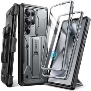 TONGATE for Samsung Galaxy S24 Ultra Case, [Built-in Slide Camera Cover & Screen Protector] [2 Front Frames] Full-Body Heavy Duty Shockproof S24 Ultra Phone Case with Stand & Belt Clip Holster, Gray
