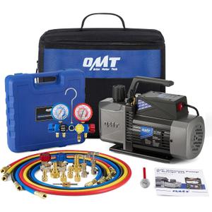 Orion Motor Tech A2L AC Vacuum Pump and Gauge Set, 5 cfm 2 Stage Sparkless Ignition Proof Vacuum Pump for R1234yf R32 R134a R410A System, with 4 Way AC Gauges Quick Couplers Thermometer Can Taps Hoses