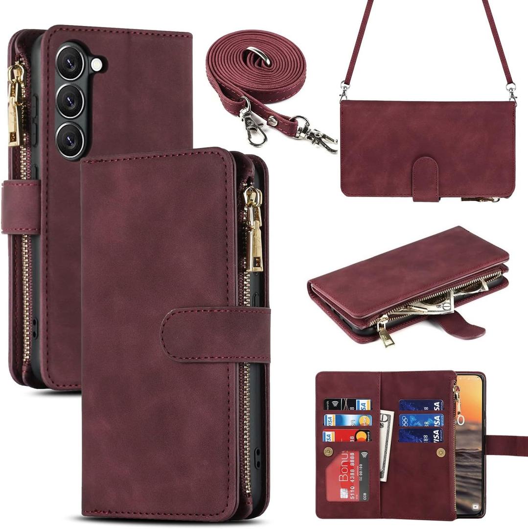 ICoverCase for Samsung Galaxy S23 Wallet Case with Card Holder, Kickstand Feature PU Leather Case with Adjustable Crossbody Lanyard Magnetic Clasp Zipper Pocket Flip Cover (Claret)