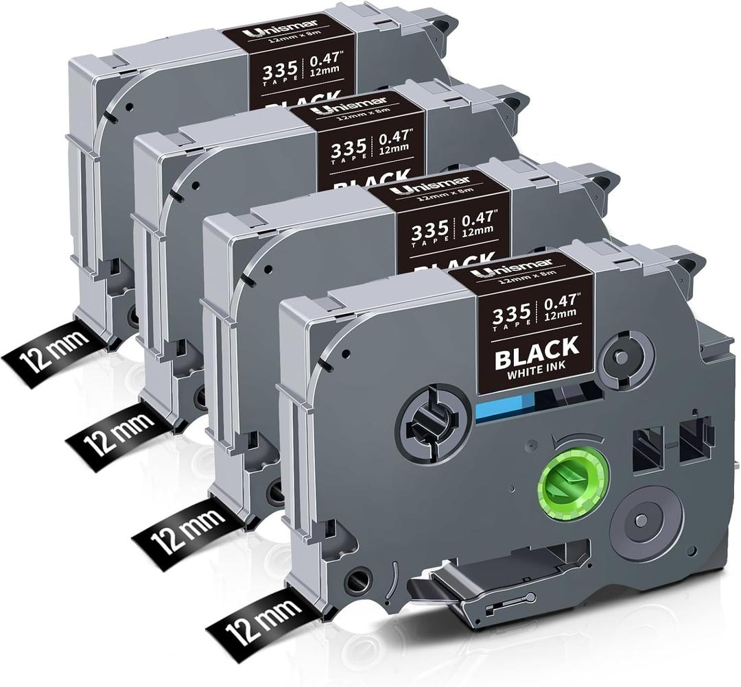 Unismar TZe-335 Compatible for Brother Ptouch 12mm 0.47 Laminated White on Black Label Tape TZ335 TZ Tape Work for Label Maker PTD220 PTD200 PTD210 PTD400 PTH100 PTH110 PT1280, 1/2'' x 26.2', 4-Pack