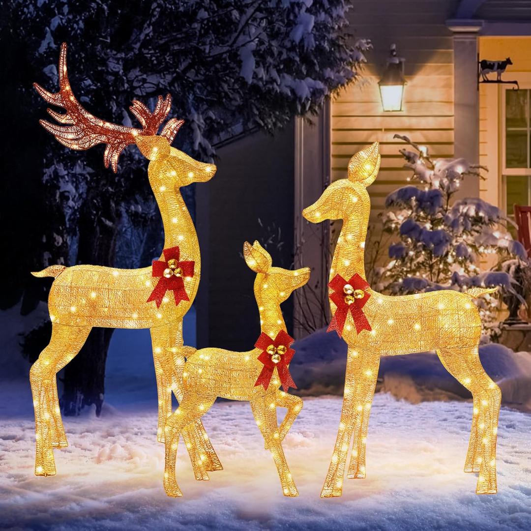 Outdoor Christmas Deer Decorations, 3-Piece 60" Large Light Up Reindeer 290 Led Lights Deer Family Set for Porch, Front Yard Christmas Outdoor Decorations with Plug, Ground Stakes, Wing Nuts - Gold