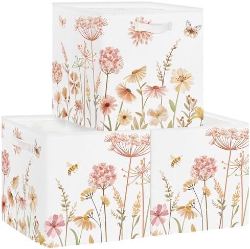 Clastyle 3 Pcs Boho Flower Kid Storage Cube Organizer Set Plants Closet Clothes Cube Storage Bin Beige Nursery Toddler Toy Box Chest Butterfly Book Shelf Basket
