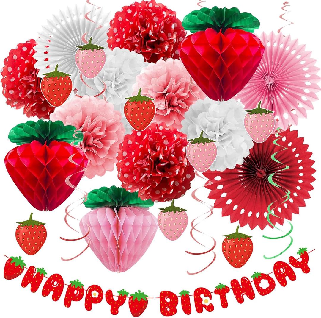 Strawberry Birthday Decorations Happy Birthday Banner berry first birthday decor Tissue Pom Poms Red Pink Fans Hanging Swirls honeycomb ball Party Supplies Strawberry Shortcake Party Decor