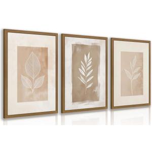 MueyHel Neutral Botanical Flower Wall Art Set of 3, Wood Framed 16x24 Inch