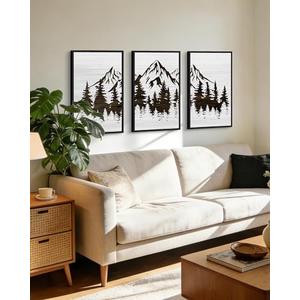 KUVIOKE Mountains Tree Framed Wall Art Boho White Forest Nature Landscape Artwork Painting Morden Country Woodcut Wood Wall Decor Rustic Home Decor for Bedroom Farmhouse 16x24in (Black Framed)