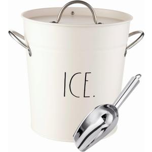 Rae Dunn Ice Bucket with Scoop - Stainless Steel Bucket with Handle, Lid and Ice Scooper - 4 Qt. Storage Bin for Ice Cubes for Bars, Parties, Backyard Barbeques, Picnics, and Camping (White)