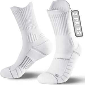 Compression Running Socks 3 Pairs, Cushion Crew Socks, Anti-Blister Moisture Wicking Athletic Hiking Basketball Socks (6-9, White)