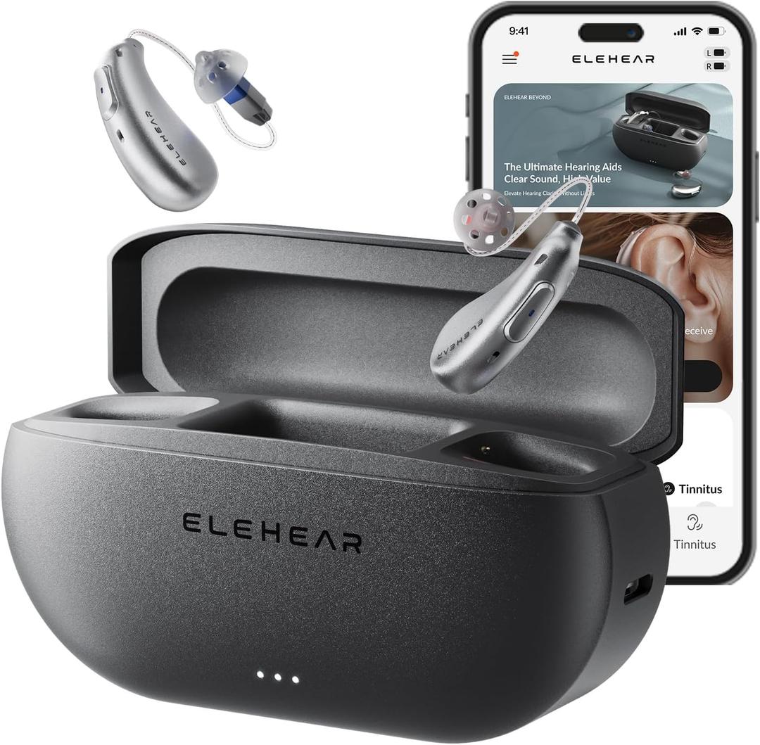 ELEHEAR-Beyond OTC Hearing Aids, AI Powered Speech Enhancement and Tinnitus Masking, Superior Sound Quality, Connectivity with iOS or Android Devices via Bluetooth 5.3, for Seniors and Adults (Universal size, Silver Gray)