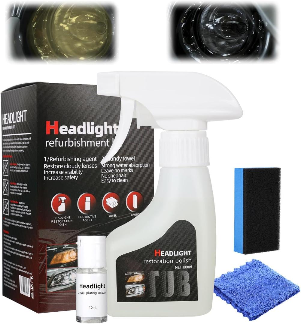 Automotive Headlamp Restoration Fluid Kit, Car Headlight Cleaner and Restorer Coating Spray Kit, Without Sanding or Disassembly, Durable Headlight Repair Kit for All Vehicle Types, 180ml (1Set)