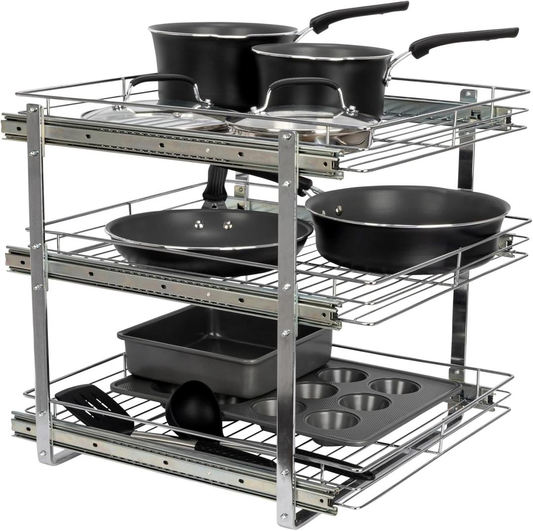 Household Essentials Glidez Multipurpose Chrome-Plated Steel Pull-Out/Slide-Out Triple-Sliding Storage Organizer for Cookware and Bakeware - 3-Tier Design - Fits Standard Size Cabinet or Shelf, Chrome (20" - Extended)