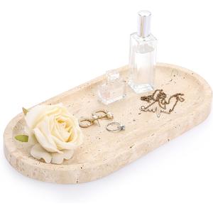 ELLDOO 12" Natural Beige Travertine Vanity Tray, Luxury Decorative Tray for Bathroom Dresser Nightstand, Vintage Oval Storage Dish for Perfume Jewelry Candles, Home Decor