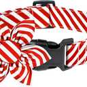 Malier Christmas Dog Collar with Flower, Red Dog Christmas Collar with Buckle Adjustable Cotton Collar for Small Medium Large Dogs Puppy (Red Stripe, Small)