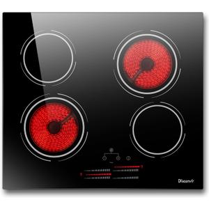 4 Burner Electric Cooktop - 24 Inch Electric Stove Top 6000W High Power Built-in, Ceramic Cook Top with Safety Lock, 99 Min Timer, Sensor Touch, 220V - 240V Hard Wired (No Plug)