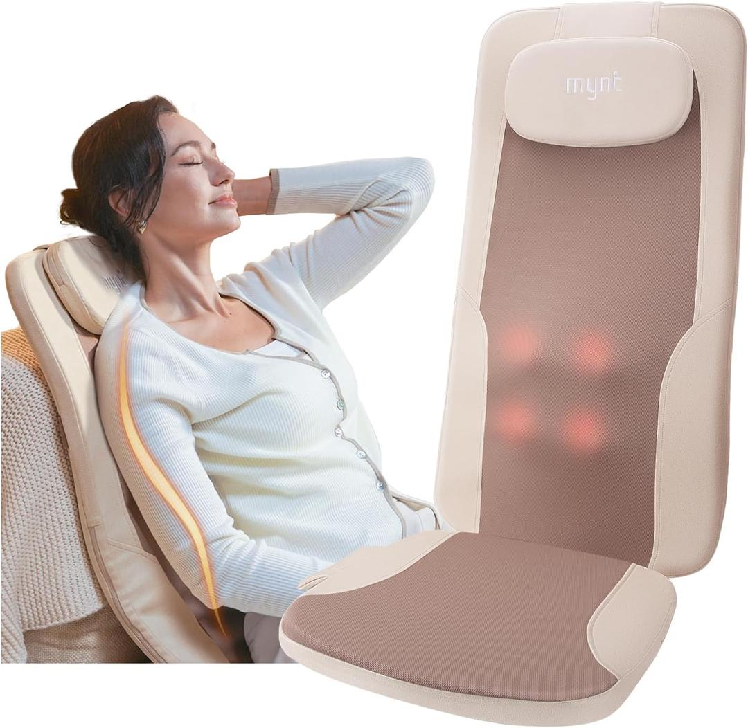 Mynt FSA Eligible HSA Approved Back Massager, Chair Massager with Soothing Heat, Flexible Massage Chair Pad with Soft S-Curve Longer Track Adjustable Pillow for Diverse Body Contours