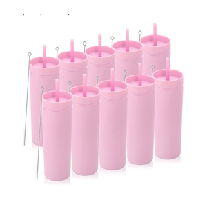 Volhoply 20oz Plastic Skinny Tumblers Bulk 10 Pack,Double Wall Tumbler with Lid and Straw,BPA Free Matte Acrylic Iced Coffee Cups With Straw,Reusable Travel Cute Mug for Party,DIY Gift(Pink, 10 Set)