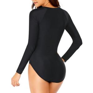 Women Long Sleeve Rash Guard One Piece Swimsuit Zipper Surfing Bathing Suit UPF 50 Black Size 2XL