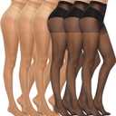 MANZI 6 Pairs Women's 20D Sheer Silky Pantyhose Run Resistant Nylon Tights High Waist Stockings with Control Top (Size X-Large, 3 Pairs Black + 3 Pairs Natural)