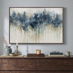 Framed Blue Abstract Forest Wall Art, Horizontal Watercolor Canvas Artwork for Walls, Modern Picture Print Wall Decor, Abstract Landscape Artwork for Living Room Bedroom Office Dining Room, 24x36 Inch