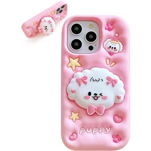 Kawaii 3D Dog Phone Case for iPhone 16 (with Retractable Phone Stand & Grip) Cute Girly Cartoon Soft Silicone Phone Cover for Girls, Kids, Teens, and Women, Pink