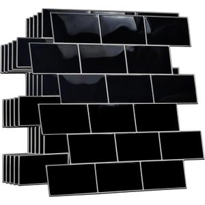 WALPLUS Upgraded Backsplash Tile Peel and Stick for Kitchen Wall Stick On Backsplash Tile for Bathroom Adhesive Glossy Heat Resistant Sticky Backsplash for Kitchen 11.8" x 11.8" Black 12 Sheets