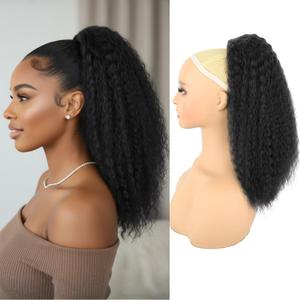 Kinky Straight Ponytail Extension for Black Women,16 Inch Yaki Drawstring Ponytail,Natural-Looking Thick Synthetic Hairpiece for Daily Wear(Natural Black)