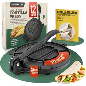 SIRCLES Tortilla Press 12 Inch Cast Iron  Extra Large, Heavy Duty 12 Inch Tortilla Press  Ebook Tortilla recipes  5 NonSlip Rubber Feet  PreSeasoned  Prensa Para Tortillas De 12 Pulgadas Grande