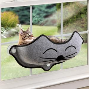K&H Pet Products EZ Mount Kitty Face Cat Window Perch Bed, Sturdy Cat Window Hammock with Strong Suction Cups, Washable Sleeping Pad, Fits 30" W X 15" H Glass Spaces - Gray Kitty Face Design