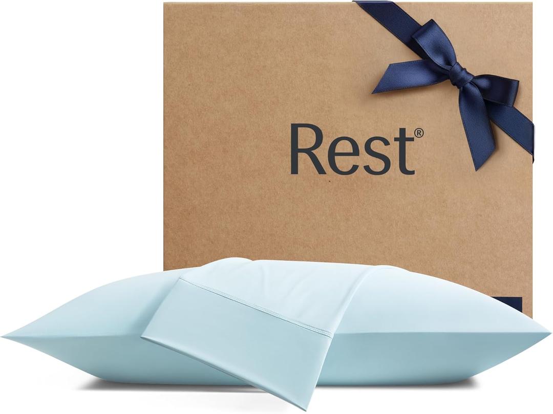 REST Evercool+ Cooling Pillowcases Standard - 2 Pillowcases for Sensitive Skin, Silver Infused Fabric for Hygienic Sleep, Silky Smooth for Curly Hair, High Elastic for Snug Fit (19x29 inches) (Light Blue)