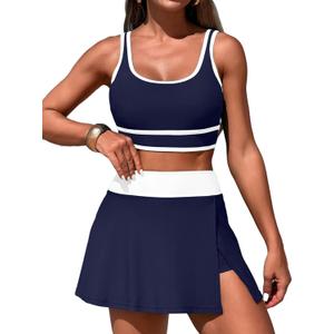 Women's High Waisted Bikini Sets Tummy Control Swim Skirt Two Piece Swim Suit Tummy Control Color Block Bathing Suit (Dark Blue2, Small)