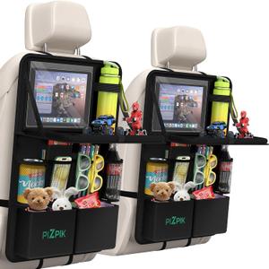 Plzpik Car Backseat Organizer with Tablet Holder,11 Storage Pockets with Foldable Food Tray, Protector Kick Mats for Kids, Travel Accessories Organizer (Black, 1Pack)