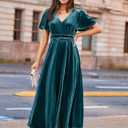 Simplee Women's Velvet Maxi Dress V Neck Short Sleeve Empire Waist Semi Formal Long Cocktail Dresses (Green)