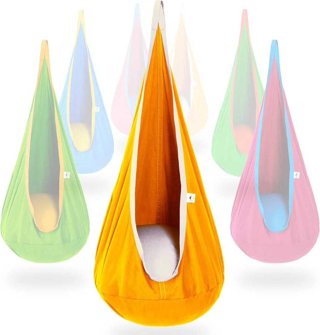 OUTREE Kids Pod Swing Seat, Cotton Child Hammock Swing Chair, Sensory Swing for Indoor and Outdoor Use, Yellow and White